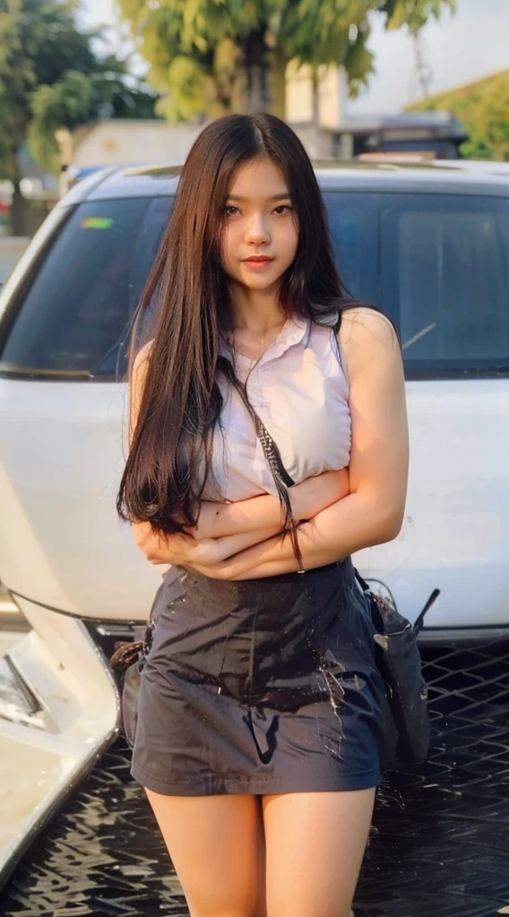 (((Huge breasts :1.3))), 8k, RAW photo, wide angle shot, ((15 years old, very cute schoolgirl)), (Indonesian girl), (wearing Indonesia school uniform), (a hyperrealistic schoolgirl), (dressed as , hyperrealistic schoolgirl), wearing , realistic , posing, full body, nice skin, glowing skin, nice thighs, glowing thigh, glowing legs, ((in a crowded class room)) (converse shoes with long socks until below of knees), perfect body, wet body: 1.3, tanned skin, standing, full body, sexy pose, sexy look, sexy shot, Indonesian school girl, sensual face