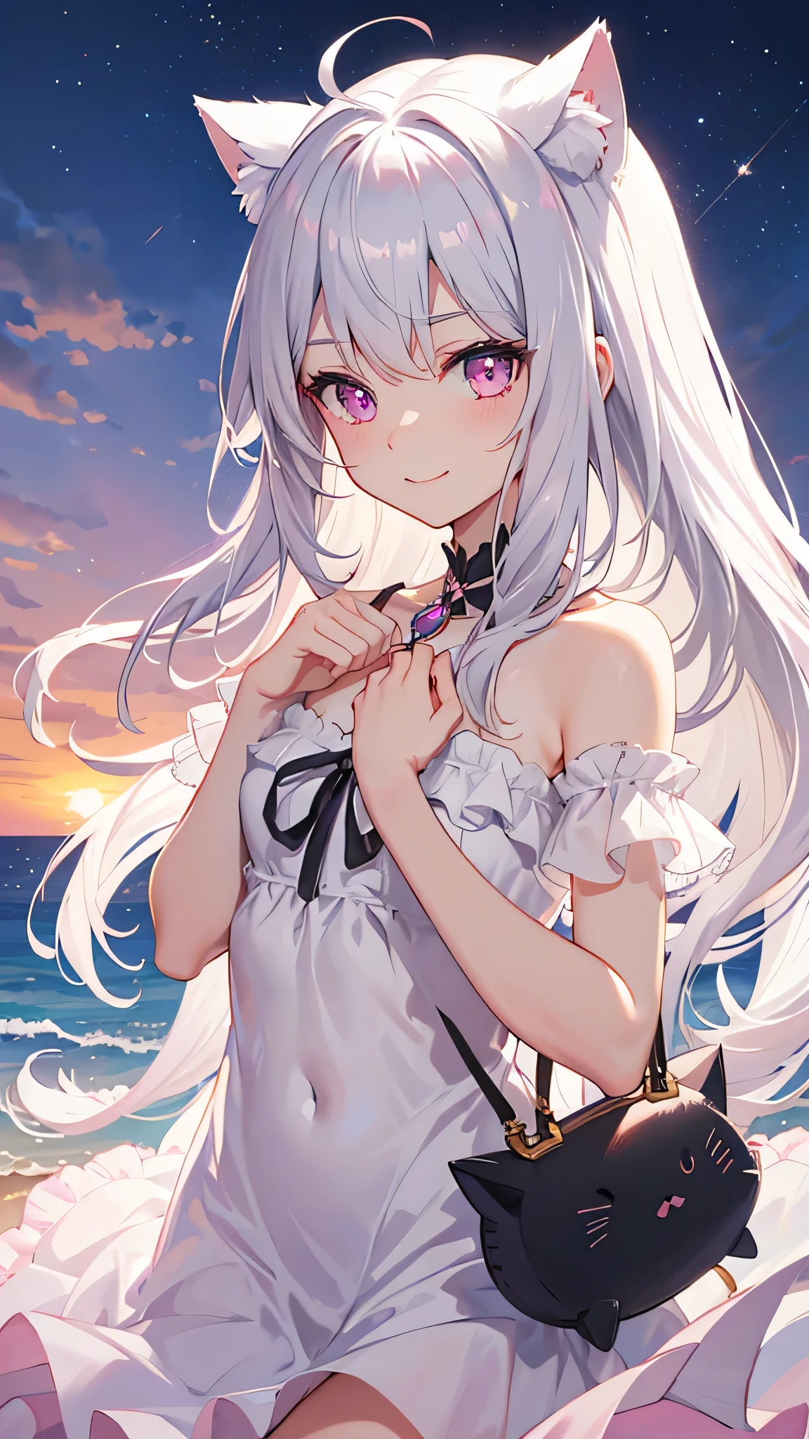 Medium chest,pretty girl,smile,Cat ear, Beautiful silver hair,Pink inside,Beautiful pink eyes,White dress,sea,sunrise,ice