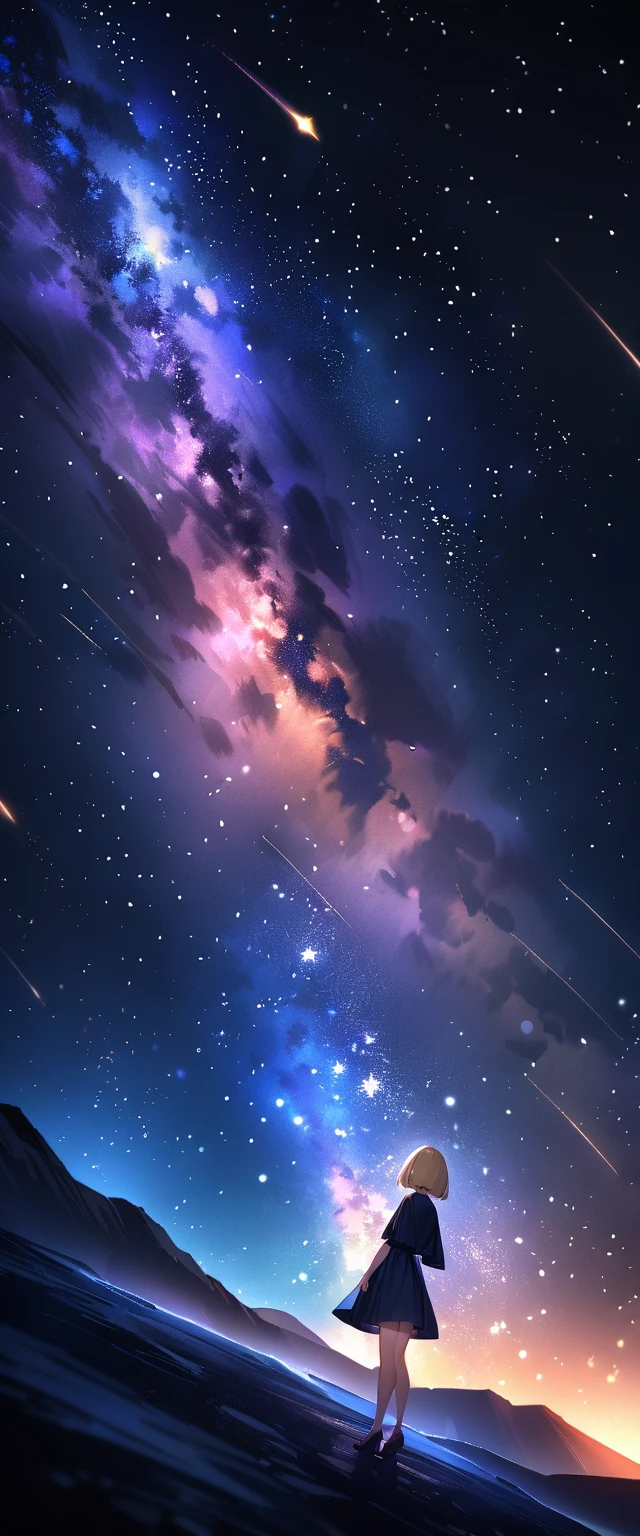 (((A meteor shower dancing in the night sky, countless stars twinkling in the clear air, a beautiful starry sky, the Milky Way shining beautifully in the night))), mountain, wide shot, a girl, bobcut, bare legs, blond hair, (best quality, 4K, 8K, highres, masterpiece:1.2, ultra-detailed, HDR, uhd, studio lighting, ultra-fine painting, sharp focus, physically-based rendering, extreme detail description, professional, vivid colors, bokeh)