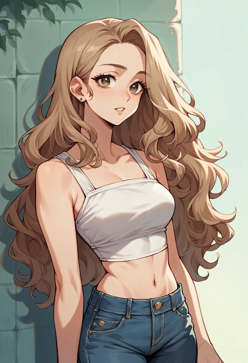 Woman with light brown skin, curly black long hair, light caramel eyes, wearing jeans and white crop top, gypsy traits