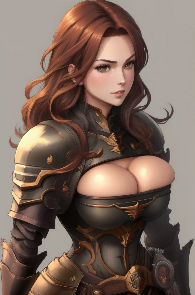 Masterpiece, detailed eyes, medium length red hair, dark skin, yellow eyes, black armour, , bursting breasts, aruantlets, shoulder armour, gbfBK