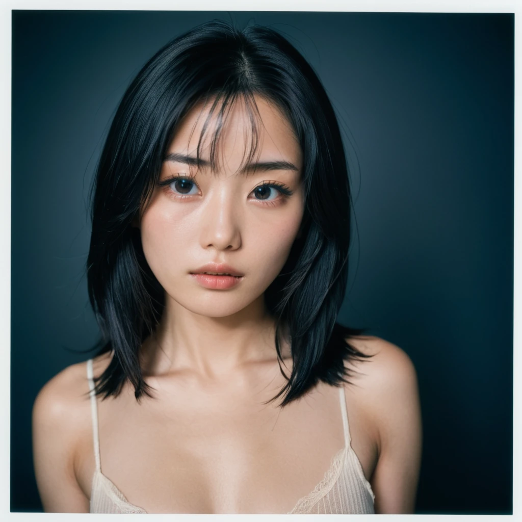 photoshoot, photo studio, RAW photo, editorial photograph, film stock photograph, cinematic, posing, amateur photo, analog, raw, f2, 35mm, an (amateur photo), flash photography, taken on an old camera, polaroid, 8k, highly detailed, (high quality, best quality:1.3), Extremely high-resolution, film grain, Kiki from Netherlands, long (waist-length:1.2) straight black hair, ((macro lens)), dark atmosphere, ((focused on eyes)), feminine expressions, photography, dslr, 35mm, Fujifilm Superia Premium 400, Nikon D850 film stock photograph, Kodak Portra 400 f1.6 lens, 8k, UHD, japanese woman, realistic skin, skin pores