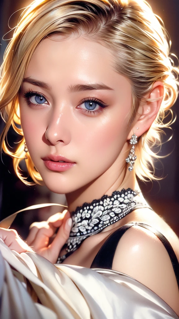 ((best quality)), ((ultra res)), ((photorealistic)), (intricate details), 19 years old, blonde hair, perfect face, make up:1.5, light on face, face detail, NAKED, short hair,