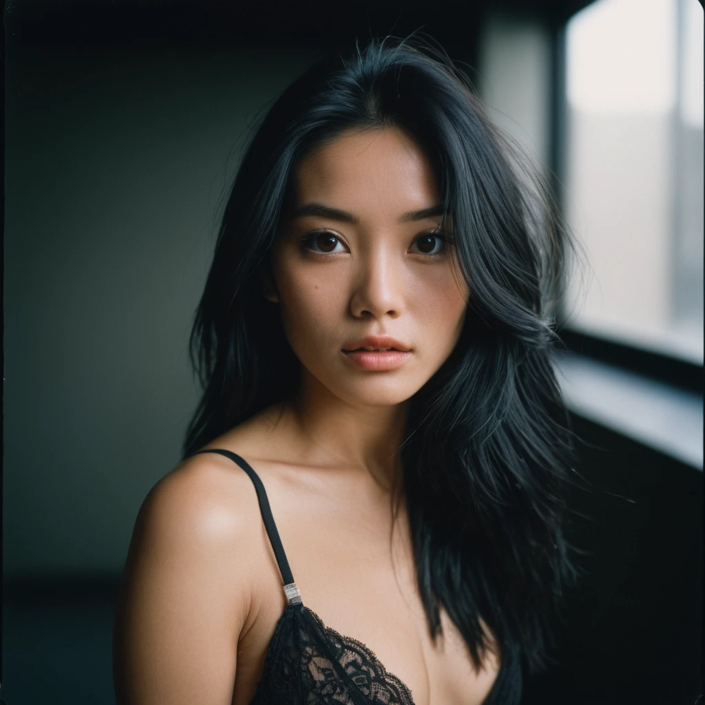 photoshoot, photo studio, RAW photo, editorial photograph, film stock photograph, cinematic, posing, amateur photo, analog, raw, f2, 35mm, an (amateur photo), flash photography, taken on an old camera, polaroid, 8k, highly detailed, (high quality, best quality:1.3), Extremely high-resolution, film grain, Kiki from Netherlands, long (waist-length:1.2) combed black hair, ((macro lens)), dark atmosphere, ((focused on eyes)), feminine expressions, photography, dslr, 35mm, Fujifilm Superia Premium 400, Nikon D850 film stock photograph, Kodak Portra 400 f1.6 lens, 8k, UHD, japanese woman, realistic skin, skin pores