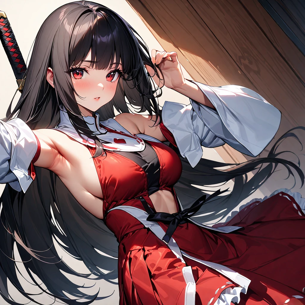 (masterpiece),(Highest quality),(Super detailed),(Best illustrations),(so beautiful), Perfect Face, Perfect hands, Perfect Fingers, hanging breasts, so beautiful長い脚, Black Hair, Red eyes, Long Hair, hime_cut, Removable sleeves, skirt, Frills, red skirt, Wide sleeves, Red Shirt, frilled skirt,Sleeves edged with ribbon, Frillsシャツの襟, Bare shoulders, skirt, Non-traditional Shrine Maiden, holding weapon, katana, armpits,