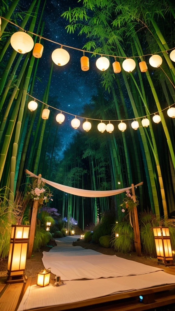 “Create a high-resolution fantasy image of the Japanese festival Tanabata. The scene should feature a night sky filled with sparkling stars and the Milky Way as a backdrop. In the foreground, depict tall bamboo trees adorned with colorful paper decorations and wishes, known as tanzaku, fluttering gently in the breeze. Add a touch of magic by incorporating glowing orbs or ethereal lights among the bamboo leaves. The overall atmosphere should be serene and enchanting, capturing the mystical essence of this traditional celebration.”