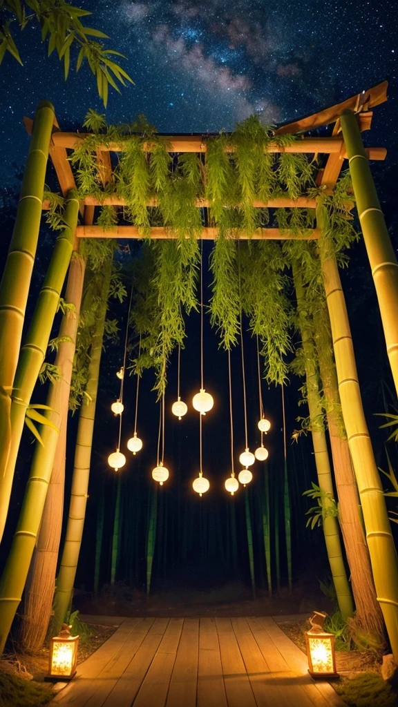 “Create a high-resolution fantasy image of the Japanese festival Tanabata. The scene should feature a night sky filled with sparkling stars and the Milky Way as a backdrop. In the foreground, depict tall bamboo trees adorned with colorful paper decorations and wishes, known as tanzaku, fluttering gently in the breeze. Add a touch of magic by incorporating glowing orbs or ethereal lights among the bamboo leaves. The overall atmosphere should be serene and enchanting, capturing the mystical essence of this traditional celebration.”