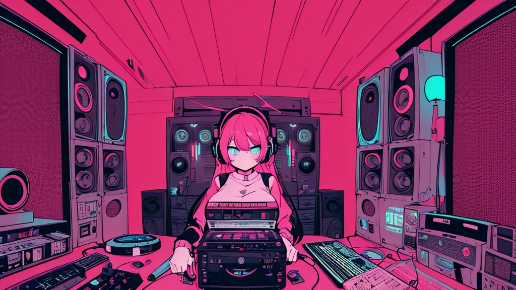 Best quality, (masterpiece), best detail face,1 girl, big breasts, 18 yo, 8k,absurdres,unity 8k wall paper,(extremely detailed:1.3), highest realistic, (retro headphones:), (soft neon light:), (psychedelic), Her room full of music equipment and records, sports wear , See the whole room , dark red color pallet