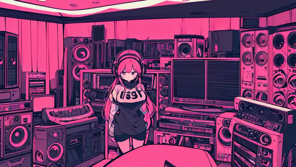 Best quality, (masterpiece), best detail face,1 girl, big breasts, 18 yo, 8k,absurdres,unity 8k wall paper,(extremely detailed:1.3), highest realistic, (retro headphones:), (soft neon light:), (psychedelic), Her room full of music equipment and records, sports wear , See the whole room , dark red color pallet
