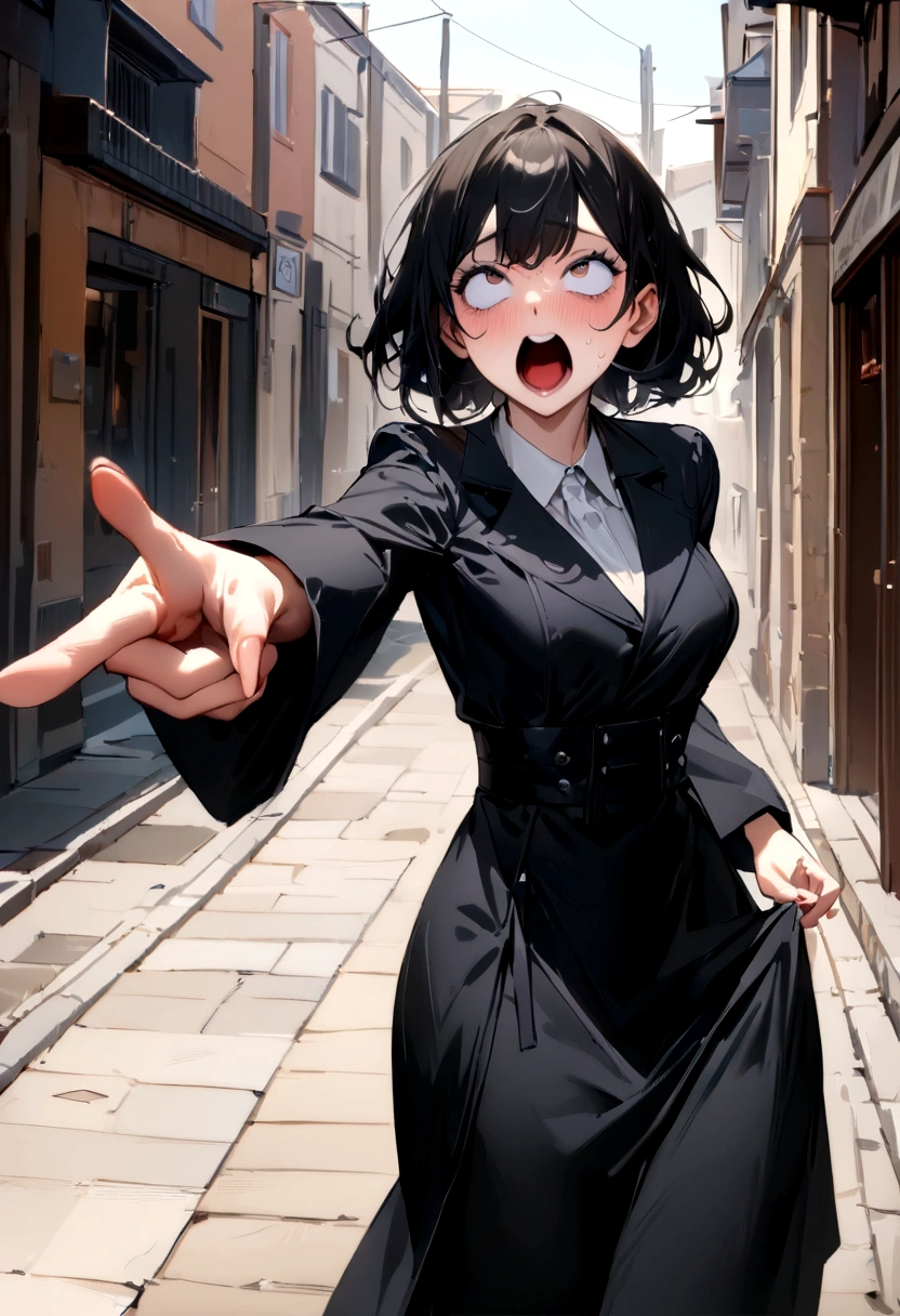 ((Best picture quality)), ((Masterpiece)), (Deleted), (Best picture quality,Super-resolution,High-resolution,Masterpiece:1.2), One woman in 20s, holding mouth with one hand, pointing forward with other hand, screaming, rolling eyes, correct face shape, in street, thick clothing, slim, modestly dressed