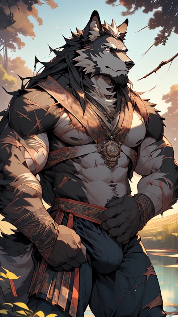 (masterpiece),(highres),(intricate details:1.4),extremely detailed,(illustration:1.2),8k,photorealistic,exquisite,,aged,elder male wolf,muscular,(general:1.7),black fur,manhood,warrior,(black fur:1.3),long hair,long beard,(numerous scars:1.2),(badly damaged:1.7),(bulging crotch:1.8),(homosexual),(a serene face:1.9),(fighting :1.6)