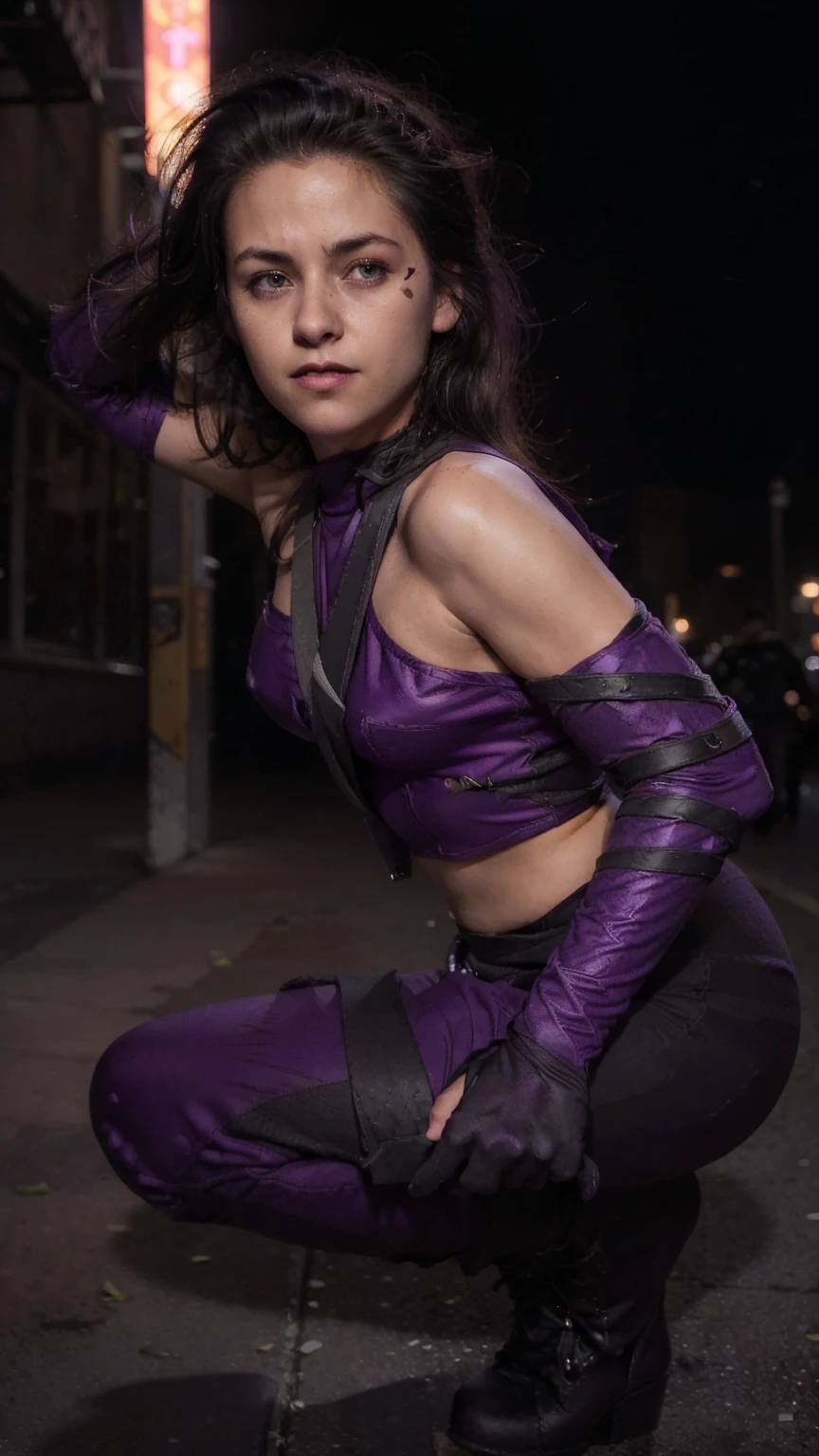 (masterpiece), (photorealistic1.4), (1 girl), (solo), (best quality), (epiCRealLife), (Kate Bishop long hair), (sleeveless top), (kateb2023 black utility belt), (kateb2023 purple costume), (purple pants) (kateb2023 purple sleevless bodysuit), (kst3w),(white scarf), (kateb2023 purple sunglasses) (bare shoulder), (night time), (kateb2023 wearing black boot), (elbow gloves), (abs), (flash photography), (flashphoto), (outdoor), (street of new york), (at night), (wearing black boots), (look at viewers),(light smile), (squatting)