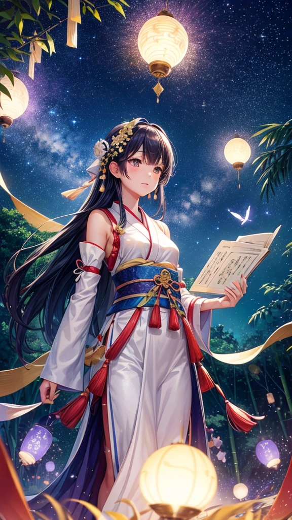 “Create a high-resolution fantasy image of the Japanese festival Tanabata. The scene should feature a night sky filled with sparkling stars and the Milky Way as a backdrop. In the foreground, depict tall bamboo trees adorned with colorful paper decorations and wishes, known as tanzaku, fluttering gently in the breeze. Add a touch of magic by incorporating glowing orbs or ethereal lights among the bamboo leaves. The overall atmosphere should be serene and enchanting, capturing the mystical essence of this traditional celebration.”