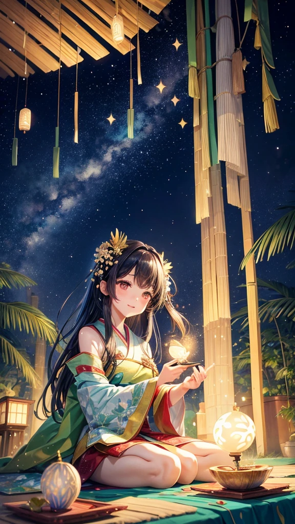 “Create a high-resolution fantasy image of the Japanese festival Tanabata. The scene should feature a night sky filled with sparkling stars and the Milky Way as a backdrop. In the foreground, depict tall bamboo trees adorned with colorful paper decorations and wishes, known as tanzaku, fluttering gently in the breeze. Add a touch of magic by incorporating glowing orbs or ethereal lights among the bamboo leaves. The overall atmosphere should be serene and enchanting, capturing the mystical essence of this traditional celebration.”