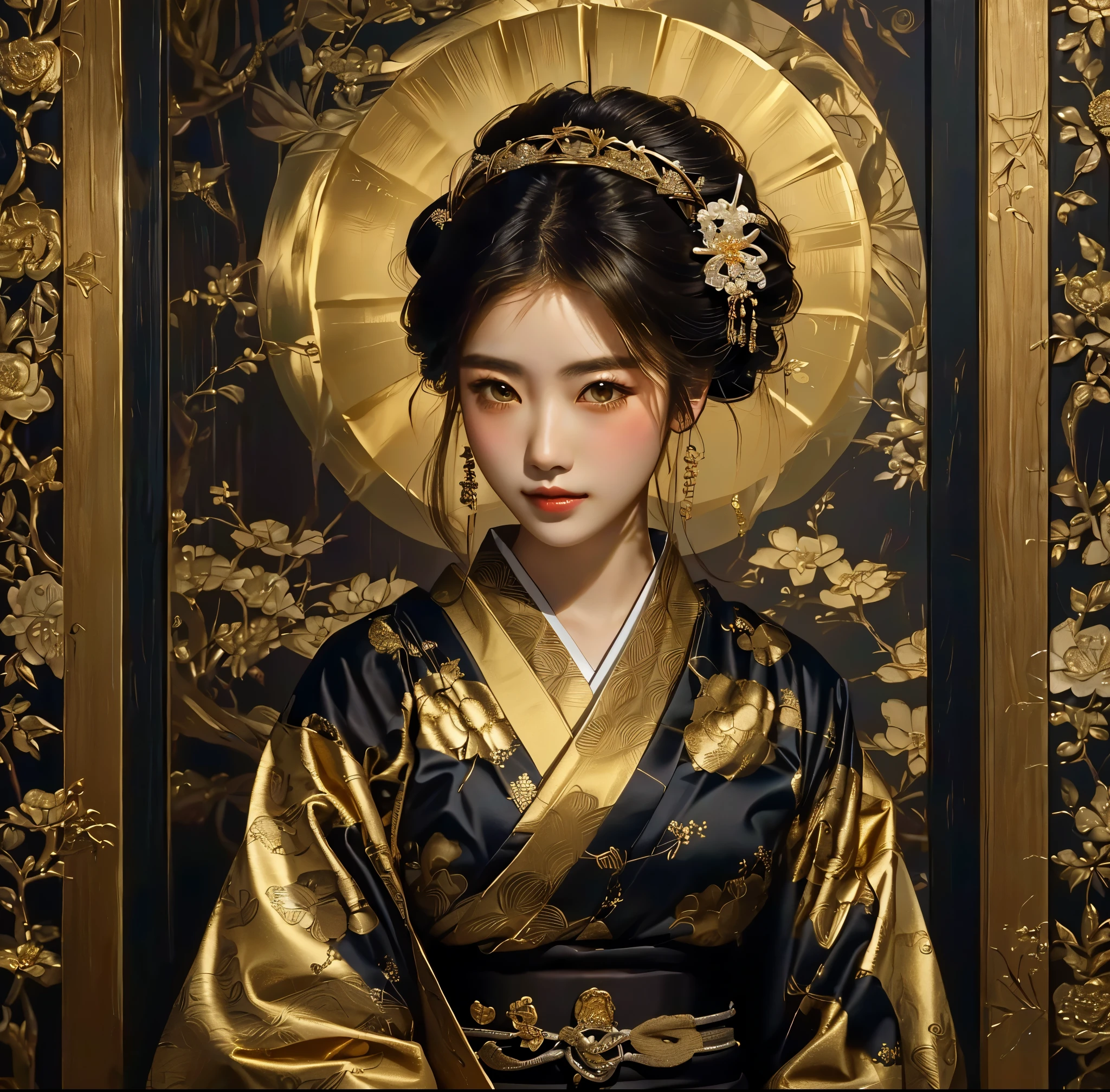 a woman in a golden kimono dress with a gold halo, japanese goddess, chie yoshii, elegant japanese woman, portrait of a beautiful geisha, intricate geisha kimono, japanese art style