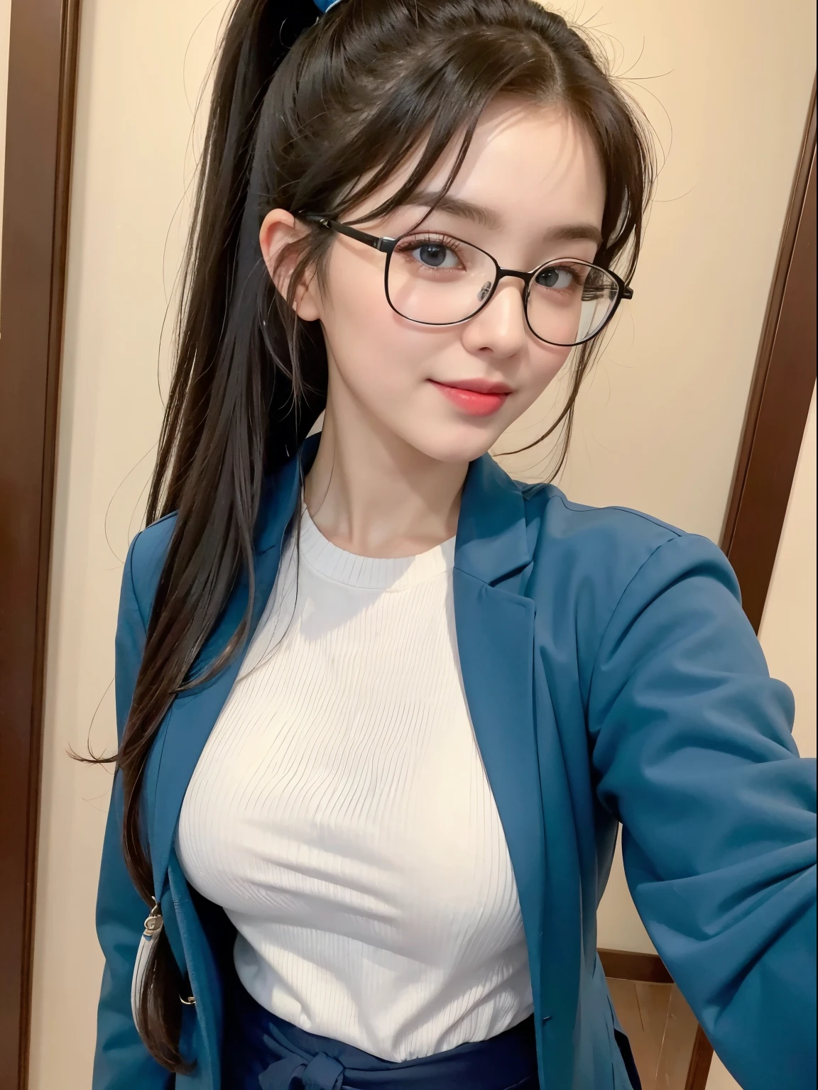 (Best quality, masterpiece, detailed), (RAW, 4k, hd images), 1 girl, , white skin, long hair, ponytail, layers hair, bangs, black hair, beautiful girl, cute girl, sweet girl, pretty girl, perfect girl, perfect body, pretty eyes, blue eyes, thin lips, (eye line, lip soft), perfect round breast, glasses(detailed frame), simple background, smile, waist, hips, mountain jacket, half body, selfie