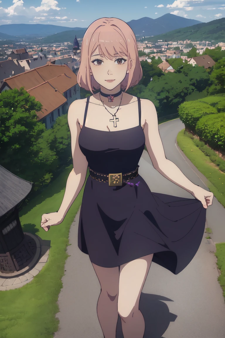 (masterpiece, best quality:1.2), 1girl, bare shoulders, breasts, choker, collarbone, cross, dress, jewelry, looking at viewer, necklace, parted lips, pink hair, purple dress, short hair, braided hair, sleeveless, big breasts, solo, tattoo, bangs, black choker, black dress, cross necklace, belt, sleeveless dress, medium hair, upper body, background with ((architecture, blue sky, building, bush, castle, city, cityscape, cloud, cloudy sky, day, fence, field, garden, grass, ground vehicle, hill, house, lamppost, landscape, mountain, mountainous horizon, nature, no humans, outdoors, palm tree, park, path, pavement, plant, road, rock, scenery, shrine, sky, skyline, skyscraper, street, tower, tree, tree shade, wall)), cowboy shot, anime, anime style