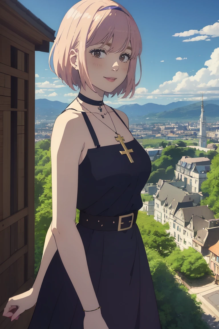 (masterpiece, best quality:1.2), 1girl, bare shoulders, breasts, choker, collarbone, cross, dress, jewelry, looking at viewer, necklace, parted lips, pink hair, purple dress, short hair, braided hair, sleeveless, big breasts, solo, tattoo, bangs, black choker, black dress, cross necklace, belt, sleeveless dress, medium hair, upper body, background with ((architecture, blue sky, building, bush, castle, city, cityscape, cloud, cloudy sky, day, fence, field, garden, grass, ground vehicle, hill, house, lamppost, landscape, mountain, mountainous horizon, nature, no humans, outdoors, palm tree, park, path, pavement, plant, road, rock, scenery, shrine, sky, skyline, skyscraper, street, tower, tree, tree shade, wall)), cowboy shot, anime, anime style