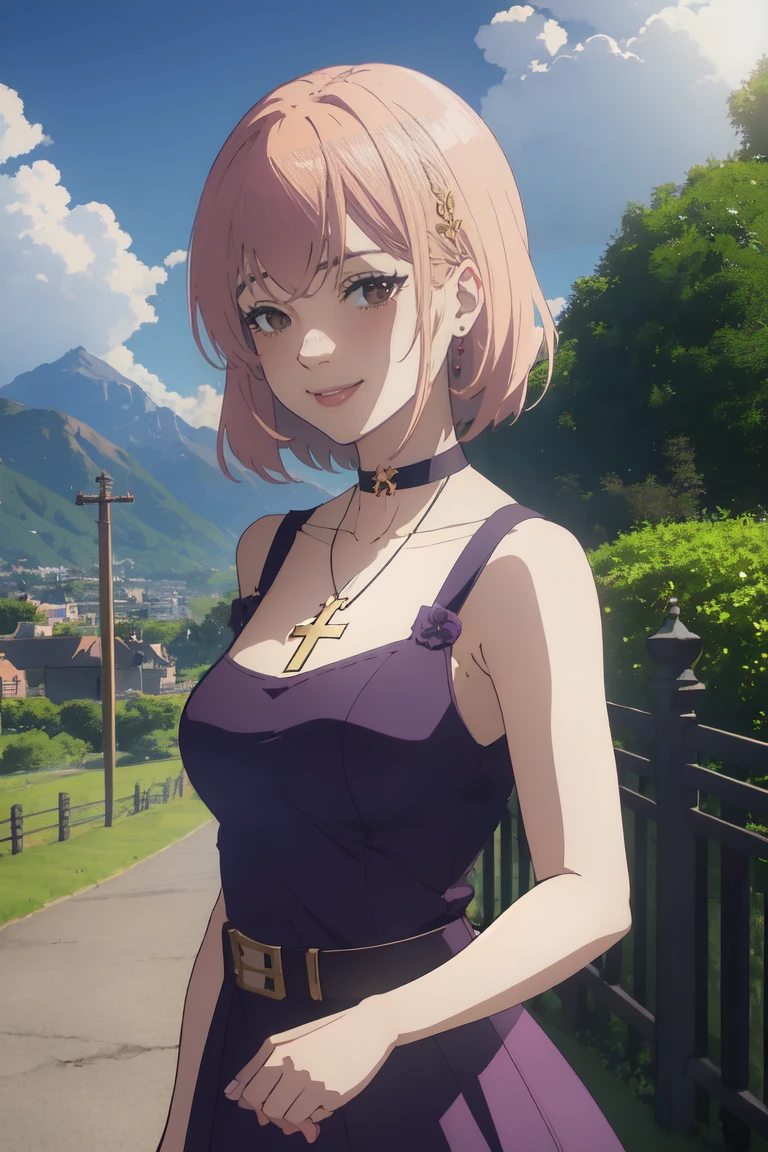(masterpiece, best quality:1.2), 1girl, bare shoulders, breasts, choker, collarbone, cross, dress, jewelry, looking at viewer, necklace, parted lips, pink hair, purple dress, short hair, braided hair, sleeveless, big breasts, solo, tattoo, bangs, black choker, black dress, cross necklace, belt, sleeveless dress, medium hair, upper body, background with ((architecture, blue sky, building, bush, castle, city, cityscape, cloud, cloudy sky, day, fence, field, garden, grass, ground vehicle, hill, house, lamppost, landscape, mountain, mountainous horizon, nature, no humans, outdoors, palm tree, park, path, pavement, plant, road, rock, scenery, shrine, sky, skyline, skyscraper, street, tower, tree, tree shade, wall)), cowboy shot, anime, anime style