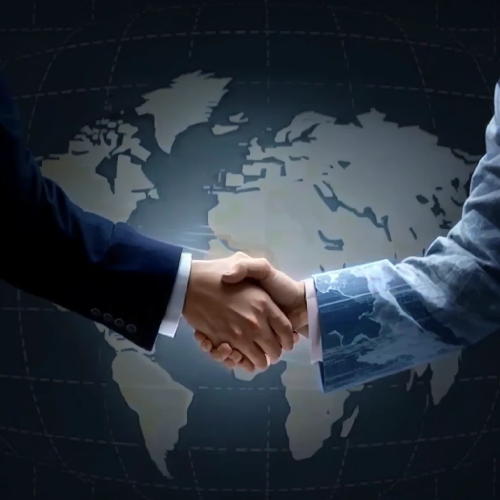 two men Handshake in front of a world map, Handshake, photo, cooperate, image, Help each other, Close-up establishing shot, 背景是一座城市的picture, Handshake, picture, 与人工智能的无尽cooperate