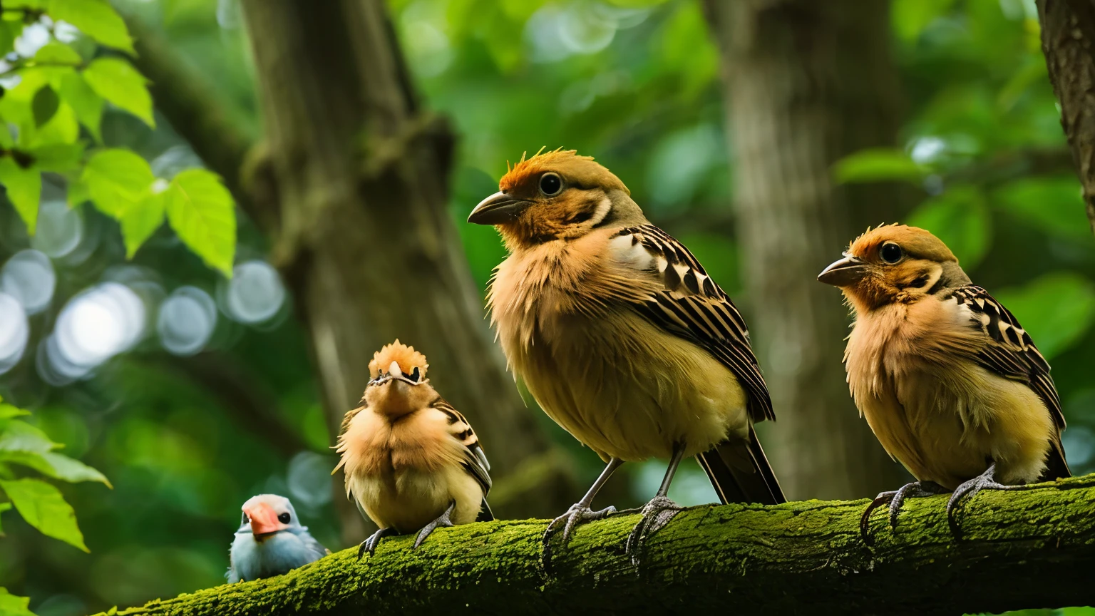 ((best quality)), ((Masterpiece)), (details), (Father bird, mother bird and baby birds), In the forest,