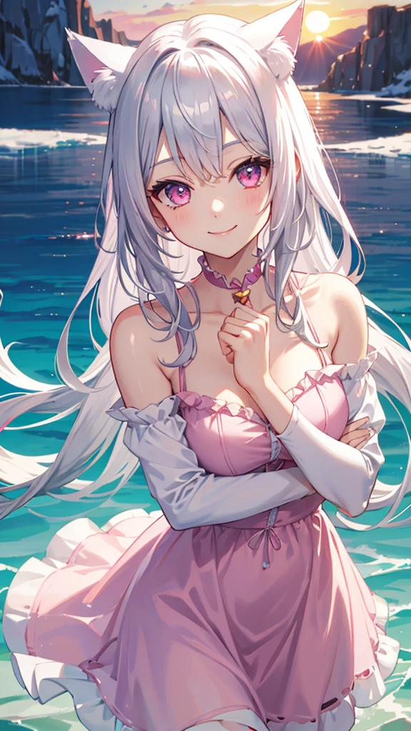 Medium chest,pretty girl,smile,Cat ear, Beautiful silver hair,Pink inside,Beautiful pink eyes,White dress,sea,sunrise,ice