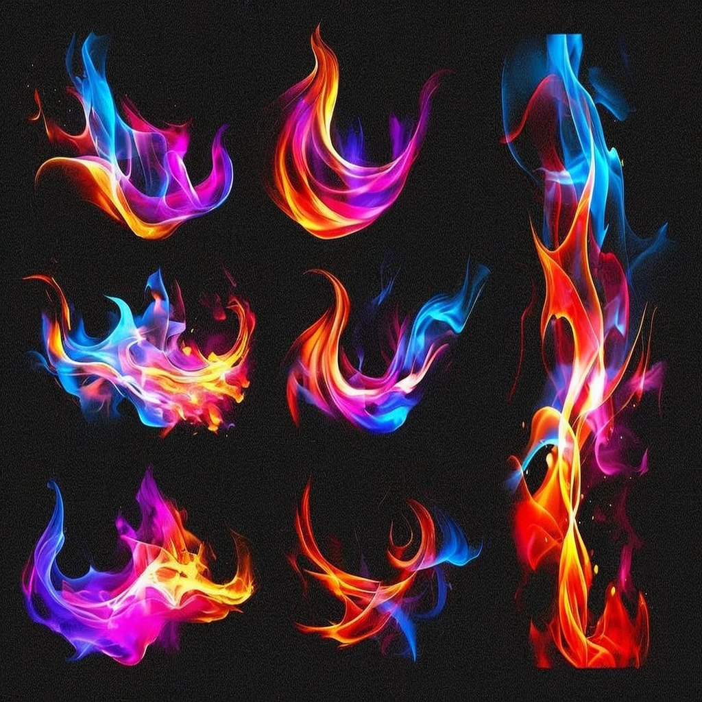 a set of colorful fire flames on a black background, colorful fire, flame colors bright, swirling flames, highly detailed fire tendrils, magic flames, intricate overlay flames imagery, colorful magic effects, multiple flames, fire and flames and smoke, swirls of fire, fire particles, lots of flames, fire flames, fiery particles, colorful smoke, small flames