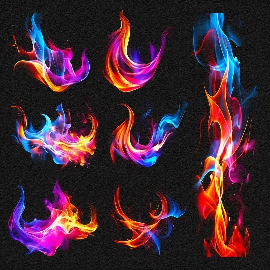 a set of colorful fire flames on a black background, colorful fire, flame colors bright, swirling flames, highly detailed fire tendrils, magic flames, intricate overlay flames imagery, colorful magic effects, multiple flames, fire and flames and smoke, swirls of fire, fire particles, lots of flames, fire flames, fiery particles, colorful smoke, small flames