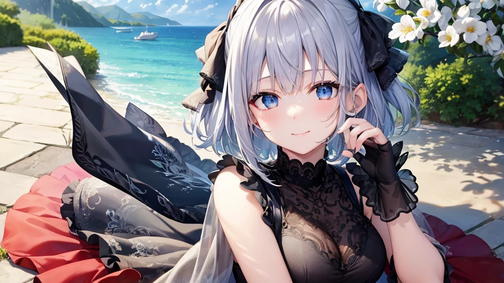 Ultra HD,Look at the viewers, Put your hands behind your back, With a girl, 20-year-old, 非常にShort Hair, Long bangs between the eyes, Pale blue eyes, Very detailed,(masterpiece、Highest quality),Gray Hair、Laughter、Fantastic, Silver Hair, Iris, Short hair、 Fluttering Hair、Small Face、明るいsmile、(Detailed face) ,Professional Lighting,Wonderful landscape,blue sky, sunlight,Looking down from above,Portraiture、Open your mouth、Flower Field、Her eyes were shining、Mysterious and enchanting atmosphere。With AI Painting、とてもShort Hair, Long bangs between the eyes, Very detailed,(masterpiece、Highest quality)、alone、Gray Hair、Fantasy, Silver Hair, Fantasyな風景、White shirt、smile、Open your mouth、short hair、Short Hair、hairpin、black eye、Grey Eyes、Beautiful Eyes、