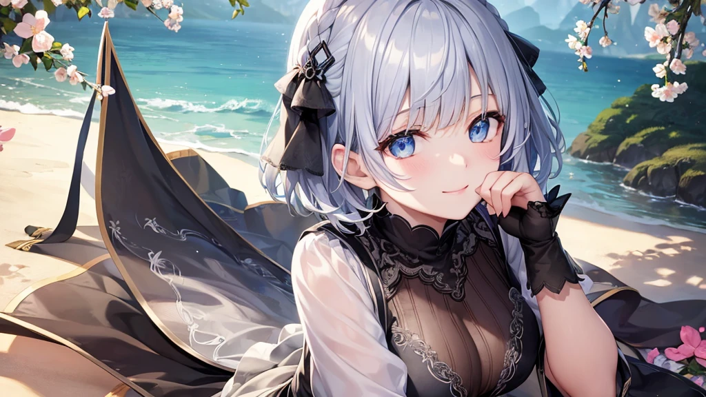 Ultra HD,Look at the viewers, Put your hands behind your back, With a girl, 20-year-old, 非常にShort Hair, Long bangs between the eyes, Pale blue eyes, Very detailed,(masterpiece、Highest quality),Gray Hair、Laughter、Fantastic, Silver Hair, Iris, Short hair、 Fluttering Hair、Small Face、明るいsmile、(Detailed face) ,Professional Lighting,Wonderful landscape,blue sky, sunlight,Looking down from above,Portraiture、Open your mouth、Flower Field、Her eyes were shining、Mysterious and enchanting atmosphere。With AI Painting、とてもShort Hair, Long bangs between the eyes, Very detailed,(masterpiece、Highest quality)、alone、Gray Hair、Fantasy, Silver Hair, Fantasyな風景、White shirt、smile、Open your mouth、short hair、Short Hair、hairpin、black eye、Grey Eyes、Beautiful Eyes、