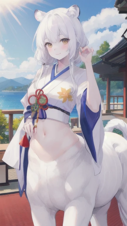 (best quality, masterpiece), 1 girl, centaur, It takes, White skin, japanese girl,Smiling, exposing the abdomen,belly button t-shirt, 아름다운 소녀 perfect white tiger photo, perfect white tiger photo