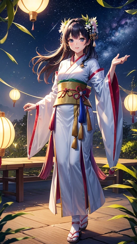 “Create a high-resolution fantasy image of the Japanese festival Tanabata. The scene should feature a night sky filled with sparkling stars and the Milky Way as a backdrop. In the foreground, depict tall bamboo trees adorned with colorful paper decorations and wishes, known as tanzaku, fluttering gently in the breeze. Add a touch of magic by incorporating glowing orbs or ethereal lights among the bamboo leaves. The overall atmosphere should be serene and enchanting, capturing the mystical essence of this traditional celebration.”