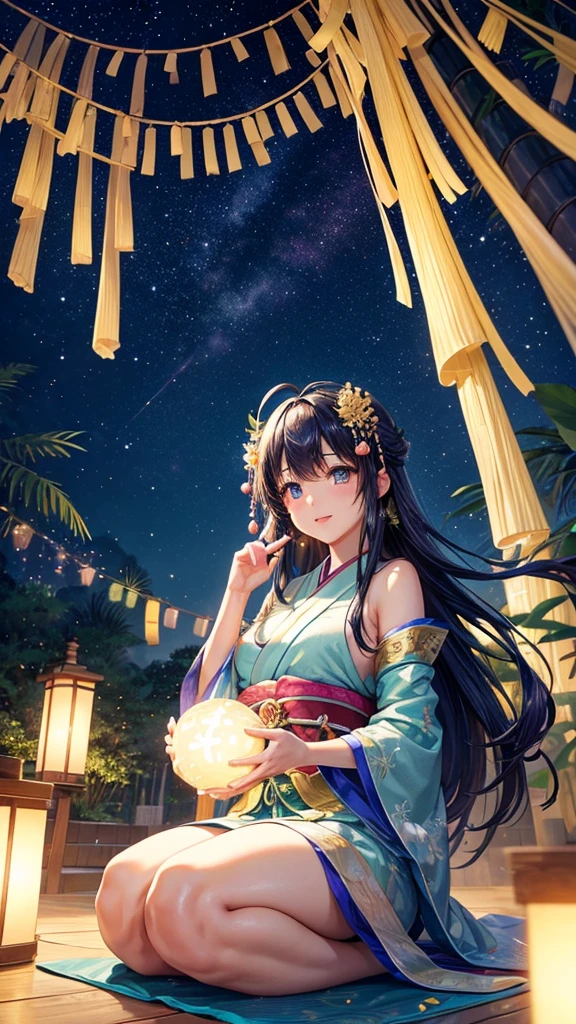 “Create a high-resolution fantasy image of the Japanese festival Tanabata. The scene should feature a night sky filled with sparkling stars and the Milky Way as a backdrop. In the foreground, depict tall bamboo trees adorned with colorful paper decorations and wishes, known as tanzaku, fluttering gently in the breeze. Add a touch of magic by incorporating glowing orbs or ethereal lights among the bamboo leaves. The overall atmosphere should be serene and enchanting, capturing the mystical essence of this traditional celebration.”