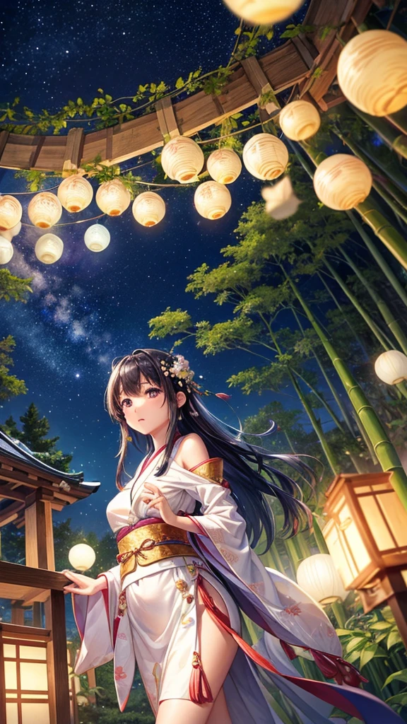 “Create a high-resolution fantasy image of the Japanese festival Tanabata. The scene should feature a night sky filled with sparkling stars and the Milky Way as a backdrop. In the foreground, depict tall bamboo trees adorned with colorful paper decorations and wishes, known as tanzaku, fluttering gently in the breeze. Add a touch of magic by incorporating glowing orbs or ethereal lights among the bamboo leaves. The overall atmosphere should be serene and enchanting, capturing the mystical essence of this traditional celebration.”