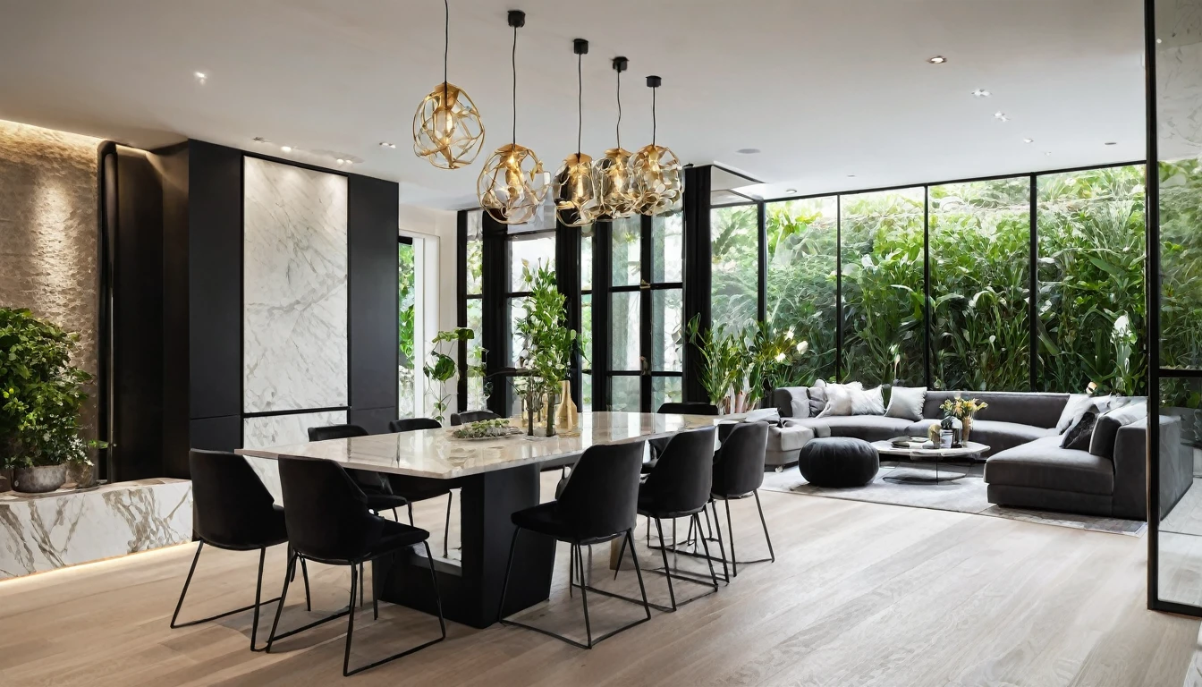 A luxurious interior space with a matte black spiral staircase as the central focus, exuding modern elegance. The staircase features high-end materials and artistic pendant lights, enhancing the contemporary and sophisticated ambiance. At the base of the staircase, a small indoor garden with greenery and decorative stones adds a touch of nature. The open-plan layout extends to a dining area, furnished with a long dining table and sleek modern chairs. The color palette is dominated by shades of black, grey, and natural wood tones, creating a warm and inviting atmosphere. High-quality materials such as marble, wood, and metal are used throughout, emphasizing the luxurious feel of the space. In the background, a sleek cabinetry wall and a display of fine glassware add sophistication. The overall design focuses on depth and detail, perfect for creating high-quality, cinematic images. The composition follows the golden ratio, highlighting both foreground and background elements, with a depth of field (dof) effect for enhanced visual impact. 8k resolution, UHD, high-quality detail, depth of field (dof) effect, cinematic standards, luxurious materials, modern design, artistic lighting, natural greenery, open-plan layout, sophisticated color palette.