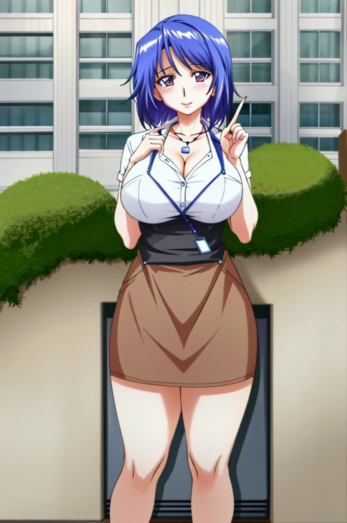 ((best quality)), ((highly detailed)), masterpiece, (detailed eyes, deep eyes), (1girl), cowboy shot, mai_katsuragi, short hair, purple eyes, white shirt, apron, brown skirt, necklace, ,(masterpiece: 1.0), (best_quality: 1.0), (best quality:1.4),(shiny skin), body focus, (cute face), (((best quality))), illustration, ((Beautiful Finger)), , Beautiful body, Beautiful character design, ,perfect lighting, Colorful, Bright_Front_face_Lighting, ultra high res, highres, absurdres:1.2, bokeh:1.2, lens flare, (vibrant_color:1.2), (Beautiful, large breasts:1.2), (thick thighs:1.1), THICK, 
1lady standing, /(casual shirt/) (pencil skirt:1.1) /(id card lanyard/), (mature female) bangs, blush kind smile, (masterpiece best quality:1.2) delicate illustration ultra-detailed, large breast BREAK /(modern office indoors/), window skyscraper, look at viewer, sweet smile