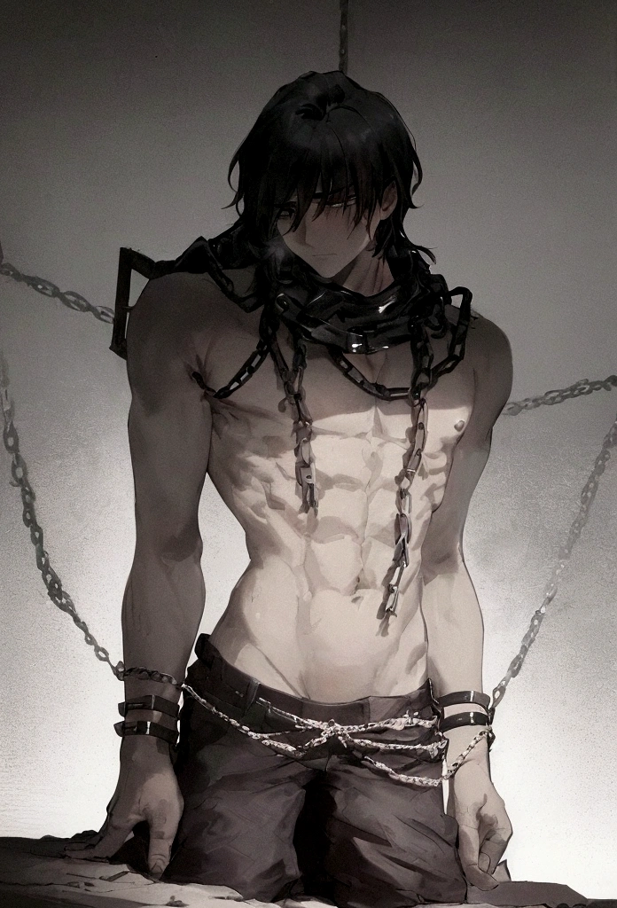 "Create an image of a boy, shirtless with lightly defined muscles, kneeling with his arms pulled upward by chains, giving the impression that he is imprisoned. He also has a chain around his neck. He is wearing ripped gray pants. He has a determined expression on his face, showing resilience. The background is a desolate cave, with rough, uneven walls and a dark, inhospitable atmosphere. There is a single, focused light shining down on the boy, casting dramatic shadows and highlighting his figure, while the rest of the cave remains shrouded in darkness, anime."