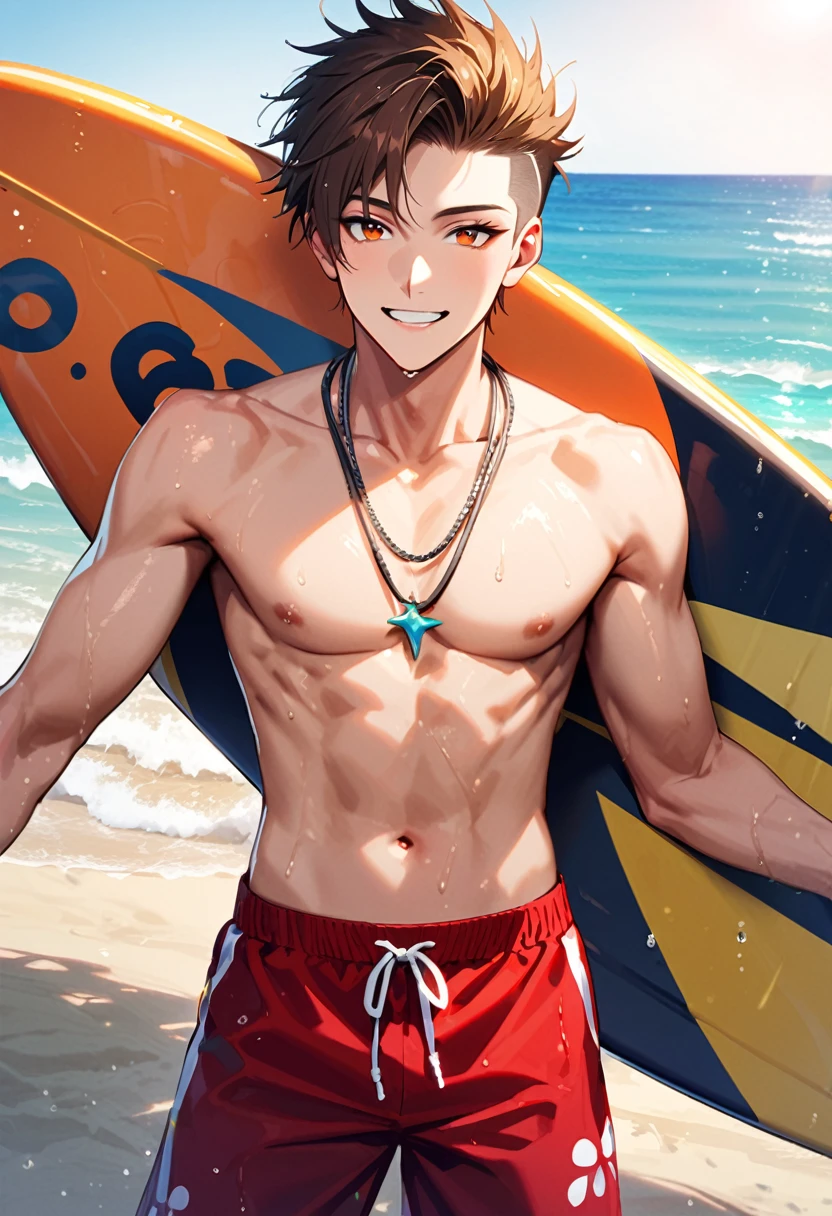 A young man, 21-years-old, solo, Caucasian, mature face, wild spiky undercut brown hair, orange eyes, cheerful smile, mouth open, no shirt, shirtless, red swimming trunks, thin silver necklace, holding a surfboard, wet, beach, daytime, sunny