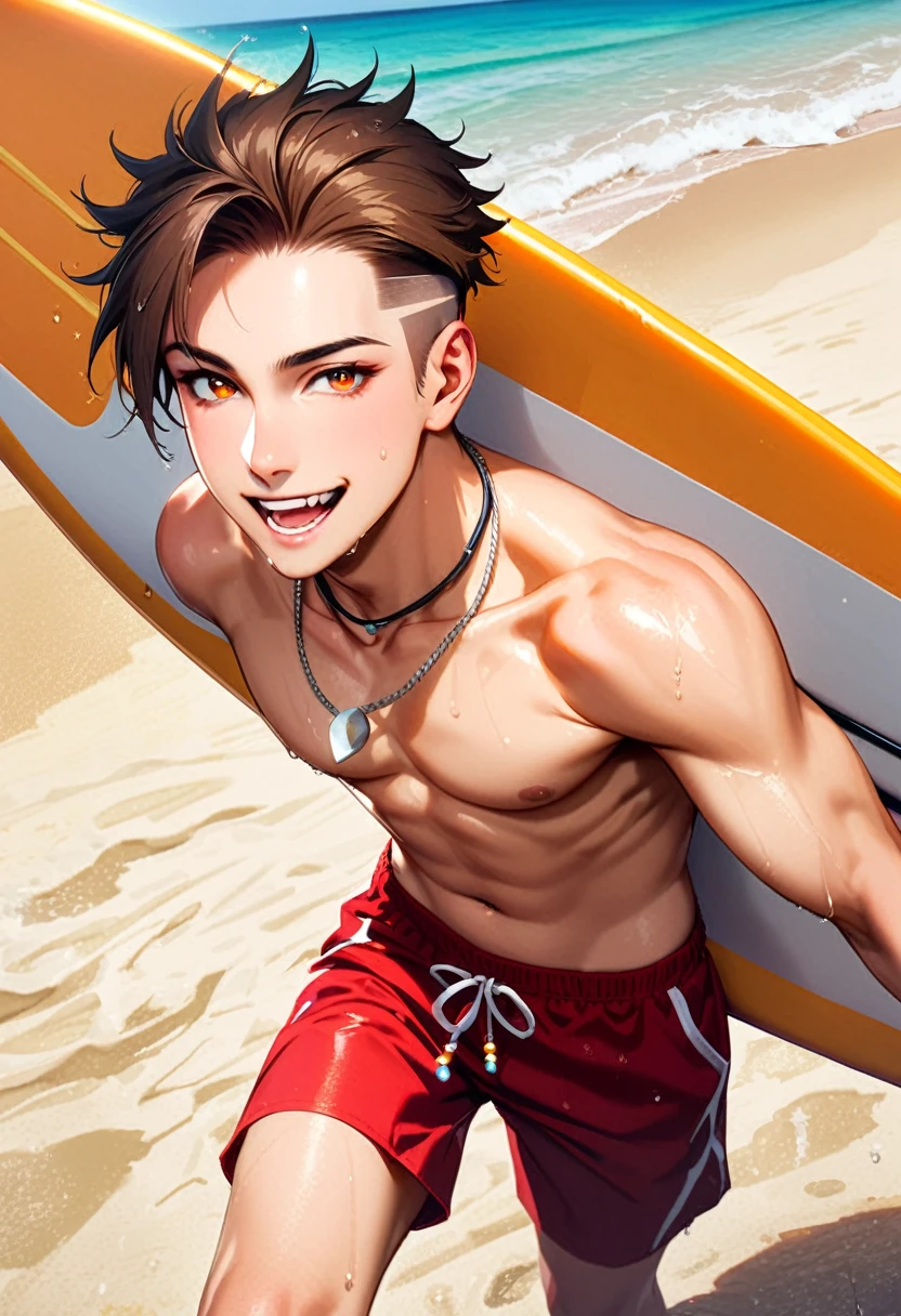 A young man, 21-years-old, solo, Caucasian, mature face, wild spiky undercut brown hair, orange eyes, cheerful smile, mouth open, no shirt, shirtless, red swimming trunks, thin silver necklace, holding a surfboard, wet, beach, daytime, sunny