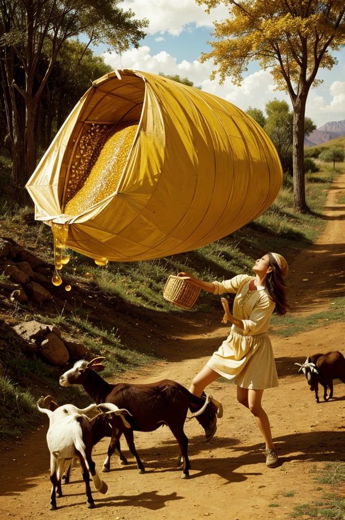 Honey falling on the head of a goat