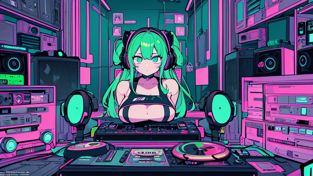 Best quality, (masterpiece), best detail face,1 girl, big breasts, 18 yo, 8k,absurdres,unity 8k wall paper,(extremely detailed:1.3), highest realistic, (retro headphones:), (soft neon light:), (psychedelic), Her room full of music equipment and records, sports wear , See the whole room , dark green color pallet
