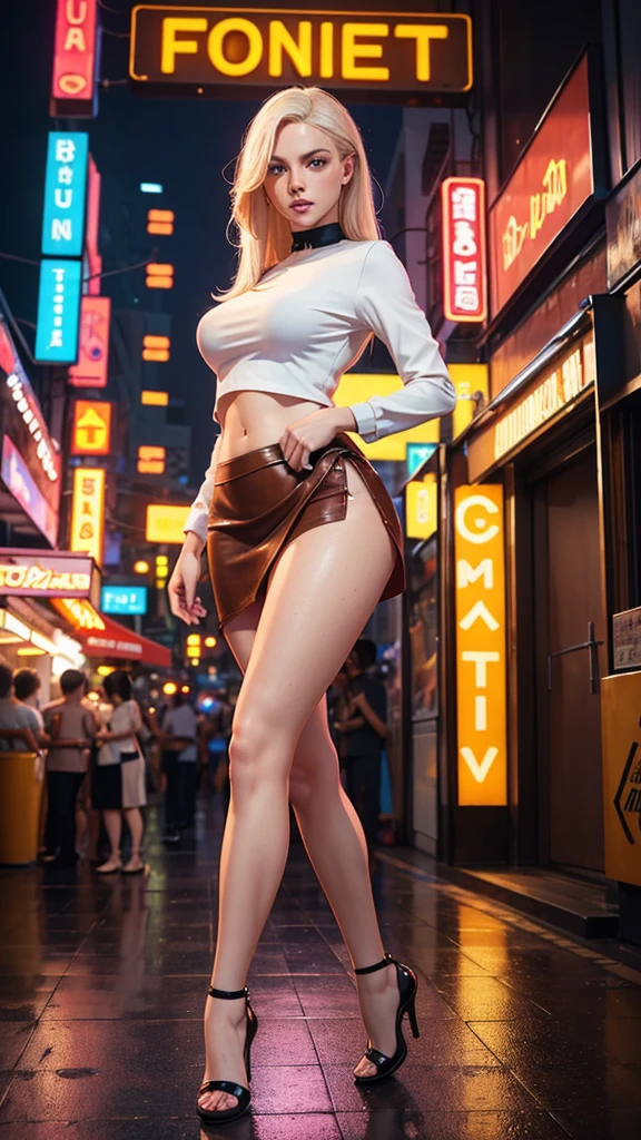 Full body frontal view of an albino woman with freckles, highly detailed face, large, well-detailed eyes, extremely beautiful, extremely slender, symmetrical body, thin waist, wide hips, thighs (thick with muscles), sensualizing with her mouth, with a highly exciting seductive expression, wearing short brown leather skirt, and a short pink blouse, showing her belly, in the busy neon-lit night streets of Bangkok, ultra-realistic image, perfect symmetry, vibrant and sharp, dynamic vision, high level of detail and definition, 1200 PPI - Photographic resolution with greater color realism, hyper-realistic, high fidelity, cinematic, 16K UHD image resolution.