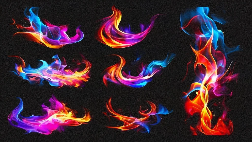 a set of colorful fire flames on a black background, colorful fire, flame colors bright, swirling flames, highly detailed fire tendrils, magic flames, intricate overlay flames imagery, colorful magic effects, multiple flames, fire and flames and smoke, swirls of fire, fire particles, lots of flames, fire flames, fiery particles, colorful smoke, small flames