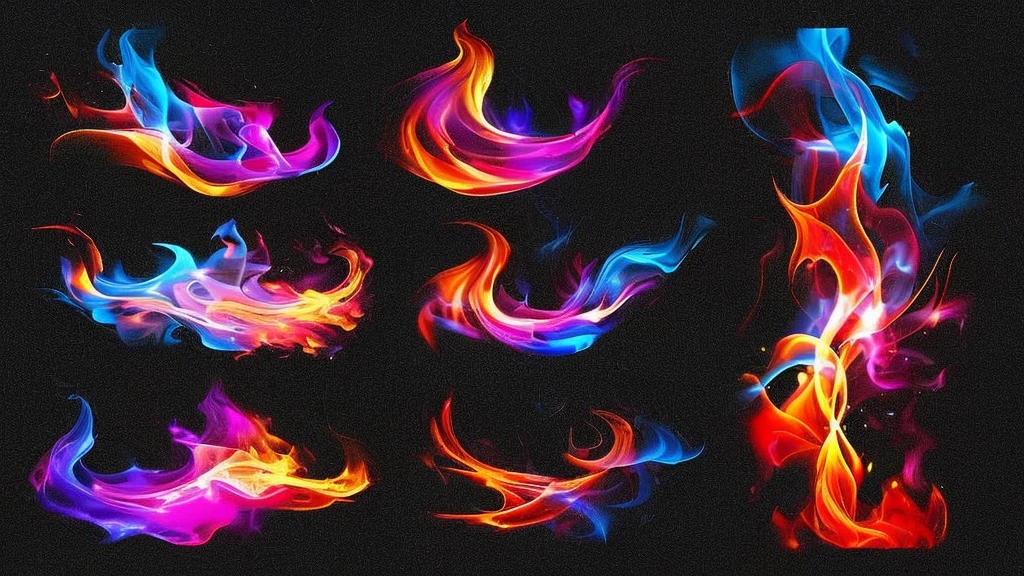 a set of colorful fire flames on a black background, colorful fire, flame colors bright, swirling flames, highly detailed fire tendrils, magic flames, intricate overlay flames imagery, colorful magic effects, multiple flames, fire and flames and smoke, swirls of fire, fire particles, lots of flames, fire flames, fiery particles, colorful smoke, small flames