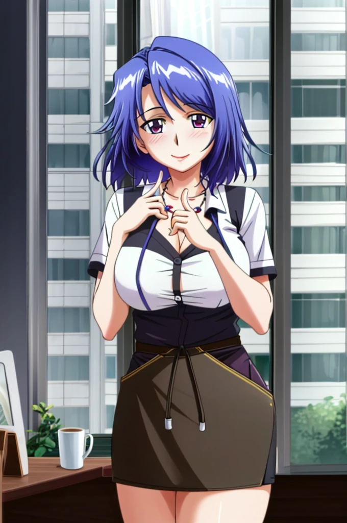 ((best quality)), ((highly detailed)), masterpiece, (detailed eyes, deep eyes), (1girl), cowboy shot, mai_katsuragi, short hair, purple eyes, white shirt, apron, brown skirt, necklace, ,(masterpiece: 1.0), (best_quality: 1.0), (best quality:1.4),(shiny skin), body focus, (cute face), (((best quality))), illustration, ((Beautiful Finger)), , Beautiful body, Beautiful character design, ,perfect lighting, Colorful, Bright_Front_face_Lighting, ultra high res, highres, absurdres:1.2, bokeh:1.2, lens flare, (vibrant_color:1.2), (Beautiful, large breasts:1.2), (thick thighs:1.1), THICK, 
1lady standing, /(casual shirt/) (pencil skirt:1.1) /(id card lanyard/), (mature female) bangs, blush kind smile, (masterpiece best quality:1.2) delicate illustration ultra-detailed, large breast BREAK /(modern office indoors/), window skyscraper, look at viewer, sweet smile