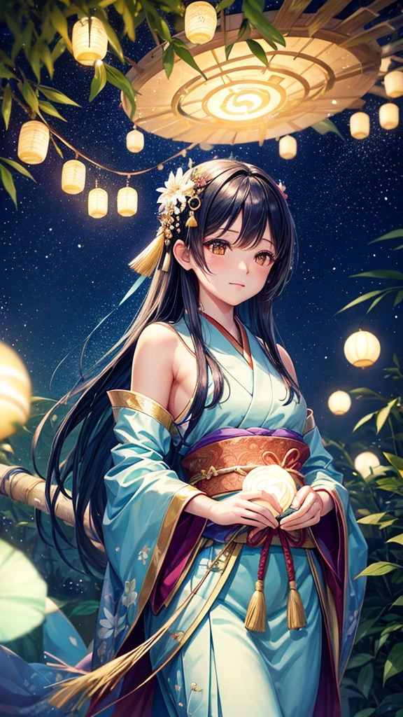 “Create a high-resolution fantasy image of the Japanese festival Tanabata. The scene should feature a night sky filled with sparkling stars and the Milky Way as a backdrop. In the foreground, depict tall bamboo trees adorned with colorful paper decorations and wishes, known as tanzaku, fluttering gently in the breeze. Add a touch of magic by incorporating glowing orbs or ethereal lights among the bamboo leaves. The overall atmosphere should be serene and enchanting, capturing the mystical essence of this traditional celebration.”
