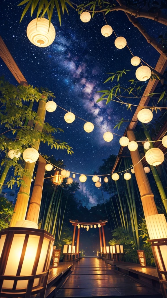 “Create a high-resolution fantasy image of the Japanese festival Tanabata. The scene should feature a night sky filled with sparkling stars and the Milky Way as a backdrop. In the foreground, depict tall bamboo trees adorned with colorful paper decorations and wishes, known as tanzaku, fluttering gently in the breeze. Add a touch of magic by incorporating glowing orbs or ethereal lights among the bamboo leaves. The overall atmosphere should be serene and enchanting, capturing the mystical essence of this traditional celebration.”
