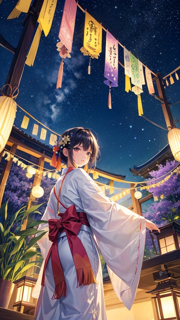 “Create a high-resolution fantasy image of the Japanese festival Tanabata. The scene should feature a night sky filled with sparkling stars and the Milky Way as a backdrop. In the foreground, depict tall bamboo trees adorned with colorful paper decorations and wishes, known as tanzaku, fluttering gently in the breeze. Add a touch of magic by incorporating glowing orbs or ethereal lights among the bamboo leaves. The overall atmosphere should be serene and enchanting, capturing the mystical essence of this traditional celebration.”