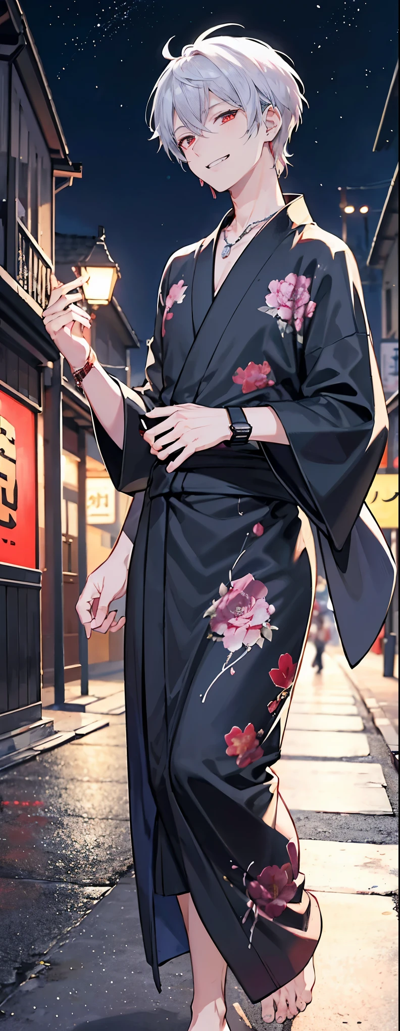 High resolution, High resolution,2D Anime Style,,Cool guy,Mature,,20th generation,short hair,Silver Hair,Red eyes,Beautiful Watches,Beautiful earrings,Beautiful Necklace,Black yukata,He is laughing a little,night,walking,festival