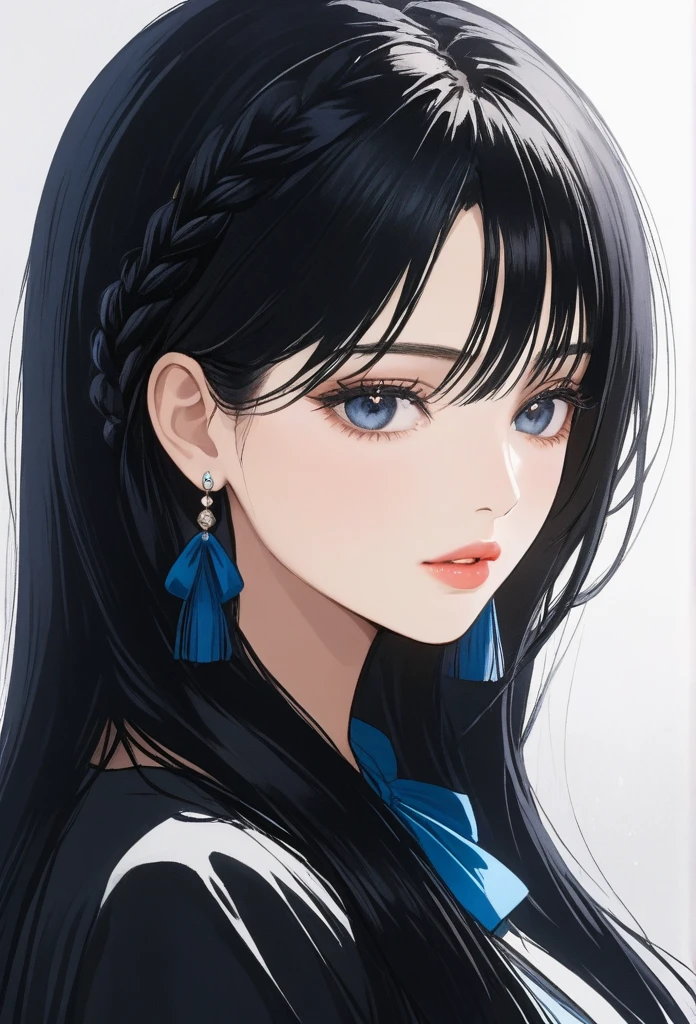 ((1woman, long black hair, mature,hair braid with blue ribbon,dress, drop dangle jhumka earrings , detailed alluring eyes, smooth detailed lips, beautiful face,